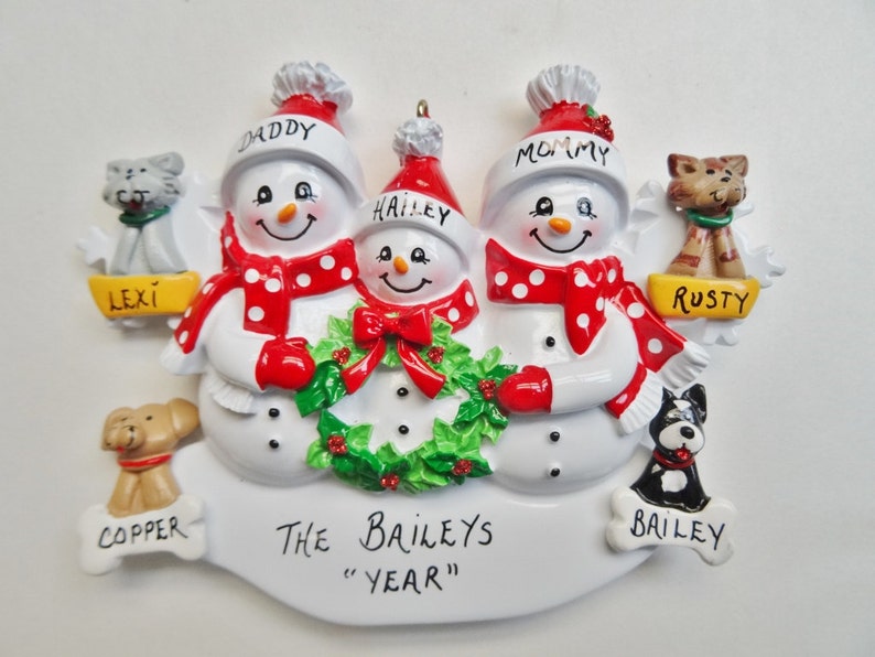 Personalized Family of Three Ornament with 4 Pets Added Family of 3 Ornament with 4 Pets Personalized Family of 3 with Dogs/Cats image 1