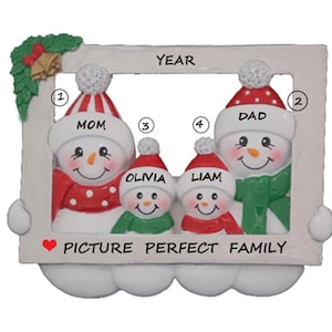 Snow Family 4 Looking Through Picture Frame Personalized Ornament - Picture Perfect Snowman Family 4 Ornament - Perfect Together