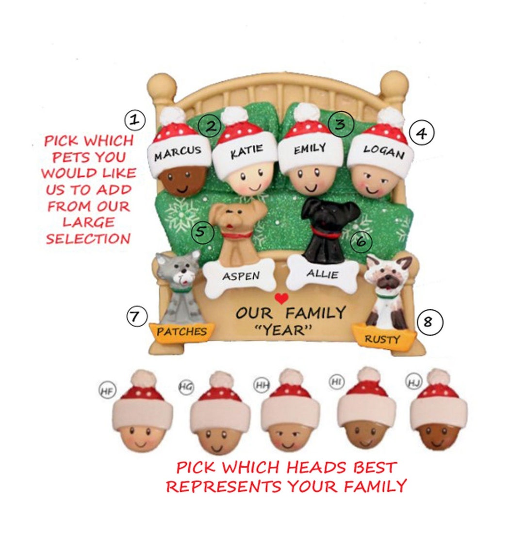 Personalized Family 4 Snuggled in Bed With 4 Dogs or Cats Added ...