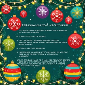 May include: A festive image featuring Christmas ornaments in red, green, purple, and teal, adorned with snowflake designs. The ornaments are set against a dark green background with text that reads "Personalization Instructions". The image is decorated with Christmas lights and evergreen branches.