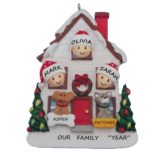 Family of 3 with 2 dogs ornament hotsell
