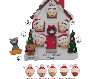 Personalized Family of 5 Home Ornament with Dog or Cat Added - 5 People Home Personalized Ornament Bi-racial, Ethnic Skin Tones Available