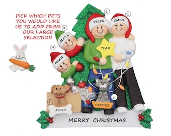 Family of 4 Personalized Ornament with 2 Custom Dogs Added -Family of 4 Ornament with 2 Custom Cats Added-Family of 4 with Custom Pets