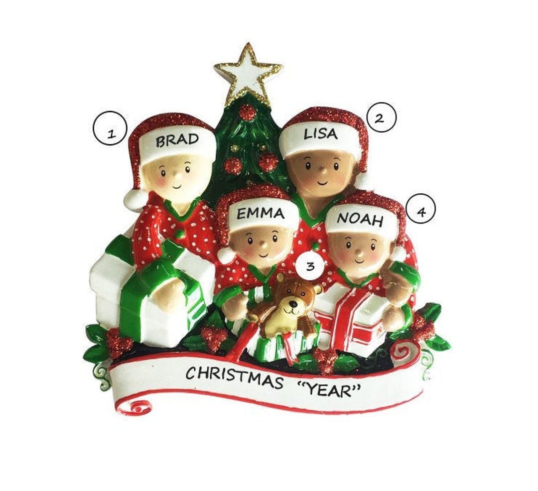 Mixed Race Pajama Family of 4 Personalized Ornament - Personalized ...