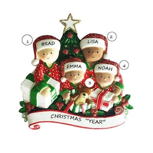 Mixed Race Pajama Family of 4 Personalized Ornament - Personalized Family of 4 Christmas Ornament Mixed Race Family of 4