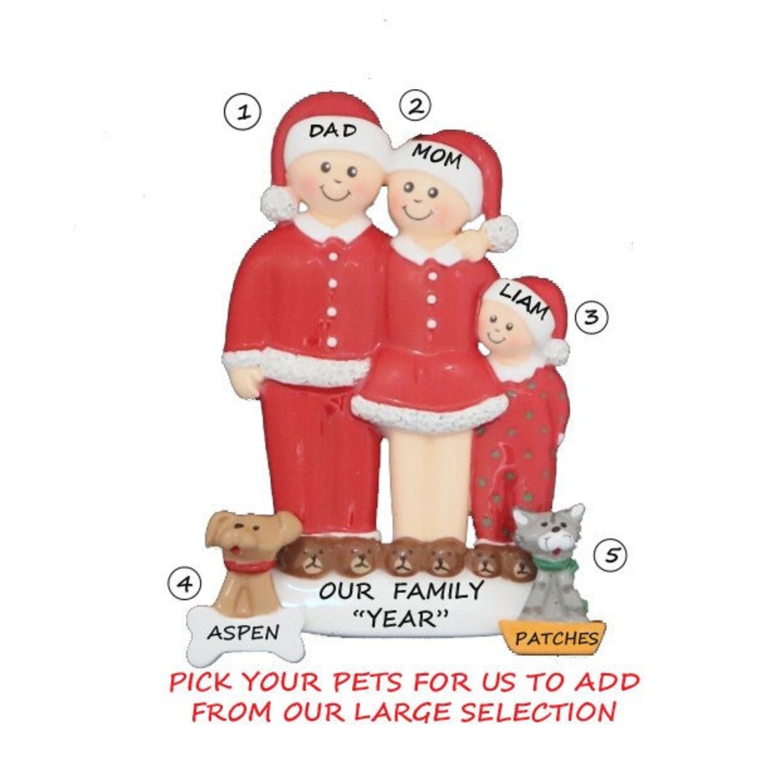 Personalized Family of 3 Ornament With 2 Dogs or Cats - Pajama Family ...