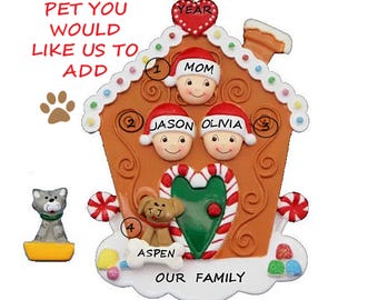 Personalized Single Parent of 2 Children with Dog or Cat - Mom or Dad with 2 Kids and Dog or Cat Personalized Gingerbread House Ornament