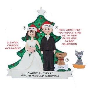 Personalized Couple Just Married Wedding Christmas Ornament With Dog or Cat-First Married Christmas with Pet Ethnic Couple Interracial