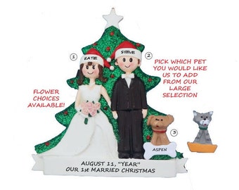 Personalized Couple Just Married Wedding Christmas Ornament With Dog or Cat-First Married Christmas with Pet Ethnic Couple Interracial