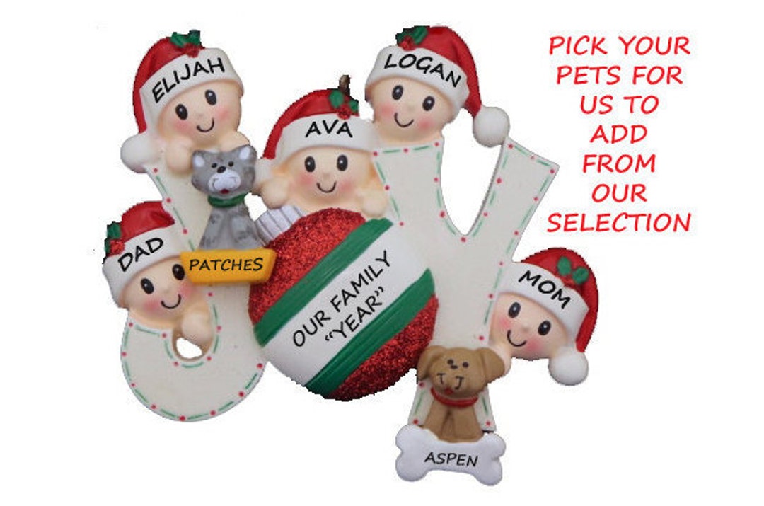 Joy Family 5 Personalized Ornament With 2 Dogs or Cats Added - Family ...
