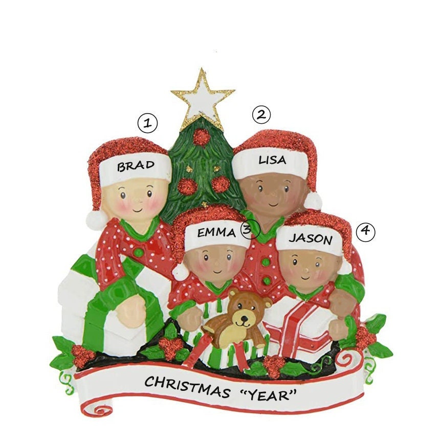 Mixed Race Pajama Family of 4 Personalized Ornament - Personalized ...