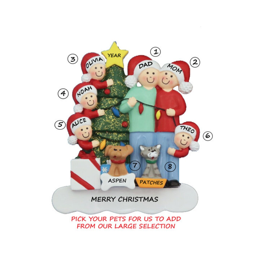 Family of 6 Personalized Ornament With 2 Custom Dogs, Cats or Bunnies ...