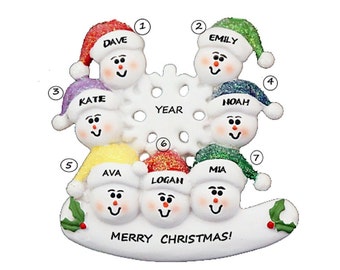 Personalized Snow Family of 7 Ornament - Personalized Grandparents Ornament with 5 Grandkids - Personalized Ornament for 5 Grandchildren