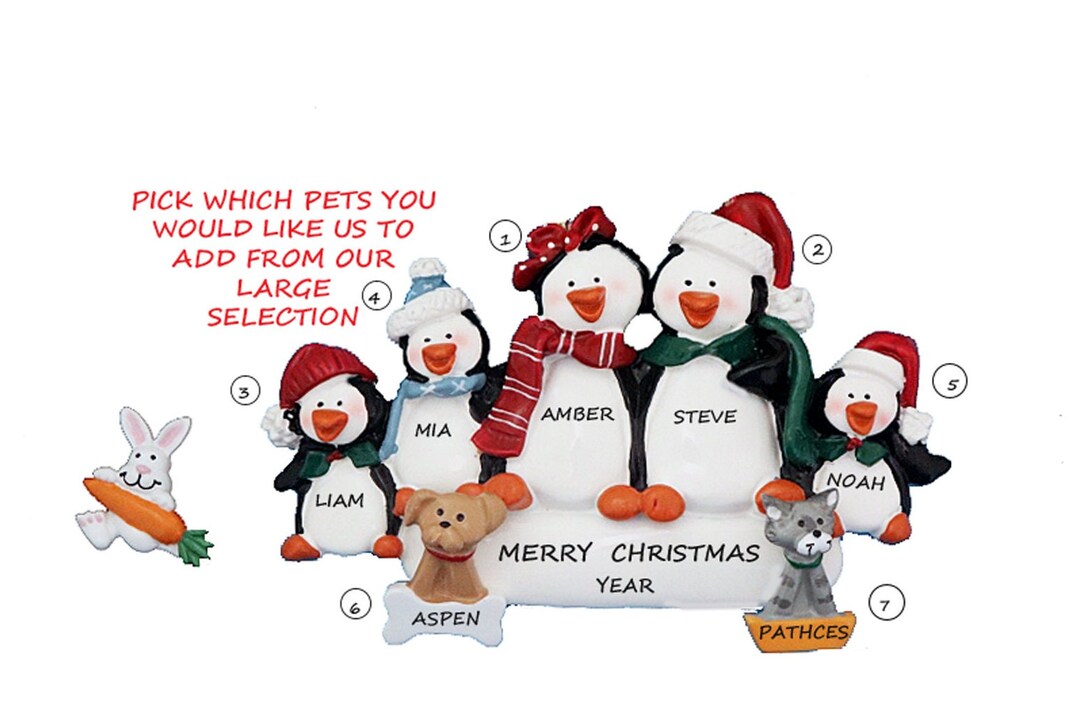 Personalized Penguin Family of 5 Christmas Ornament With 2 Dogs ...