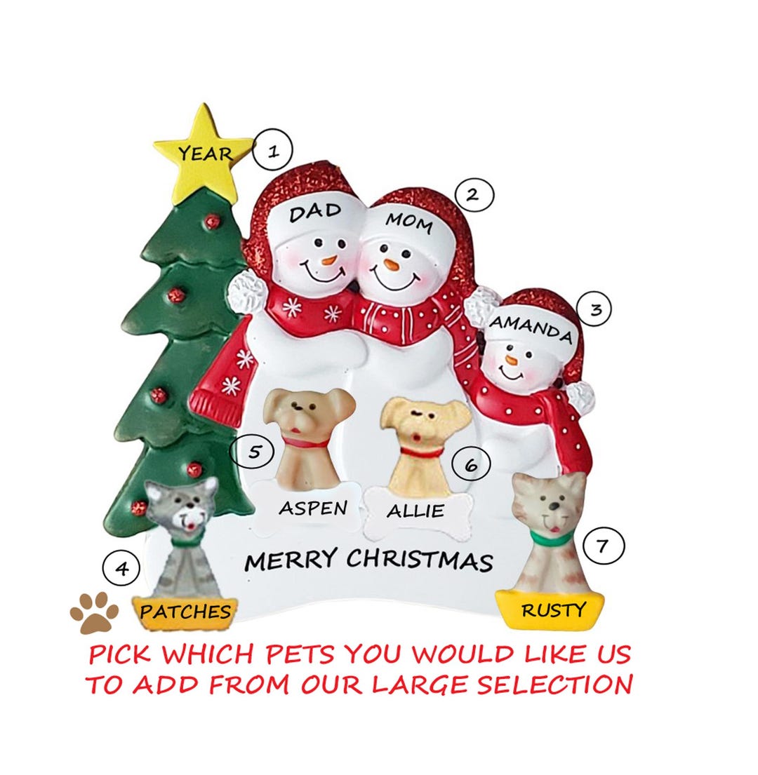 Personalized Family of 3 Ornament With 4 Pets Dogs or Cats Added ...