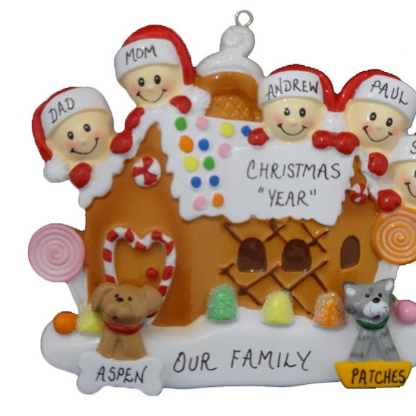 Gingerbread House Family 5 Personalized Ornament with 2 Dogs or Cats- Family of Five Personalized Ornament with 2 Custom Dogs or Cats Added