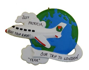Personalized World Traveler Ornament - Personalized Vacation Trip Ornament - Vacation Travels in Airplane Personalizaed Ornament