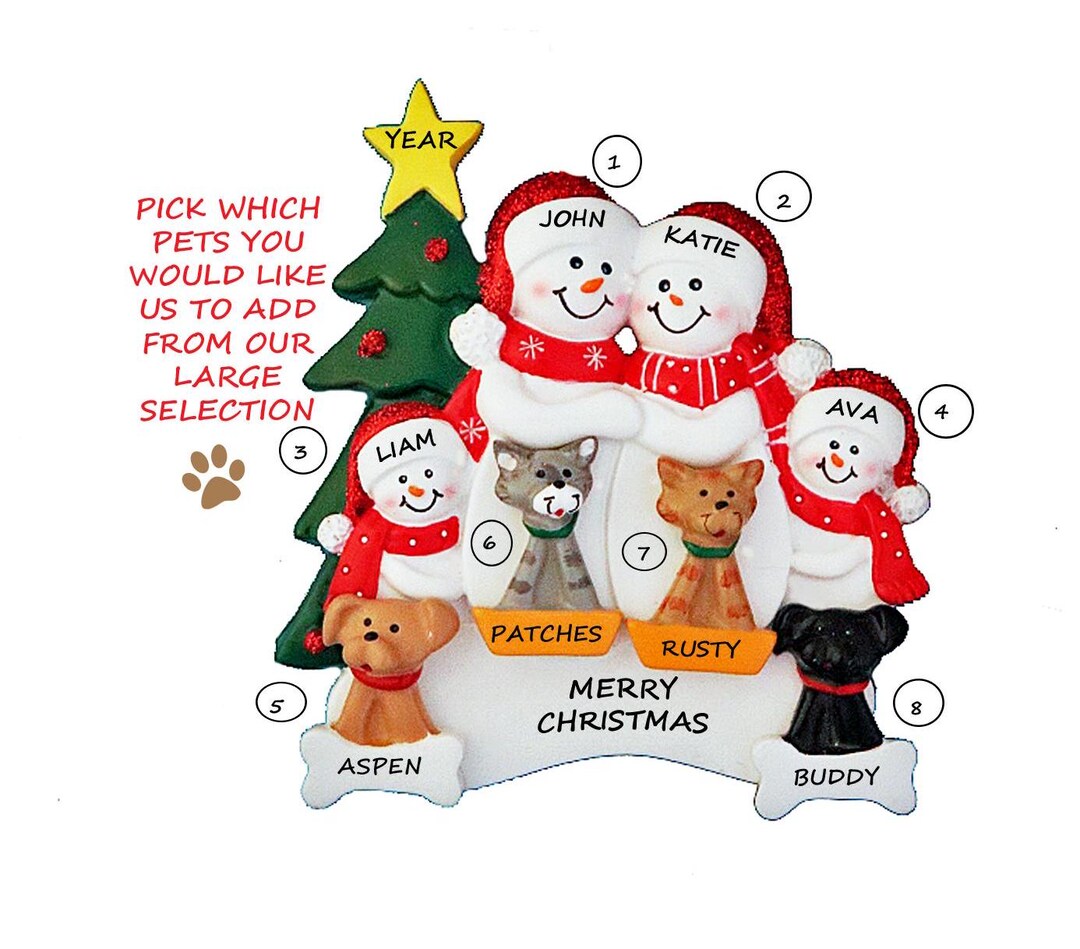 Personalized Family of 4 Ornament With 4 Pets Dogs or Cats Added ...