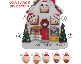 May include: A white house-shaped Christmas ornament with a red roof and a wreath on the door. The ornament has four windows with faces inside, two dogs, and the text "Our Family "Year"".  There are five numbered circles around the ornament. Below the ornament are five different colored faces with hats.