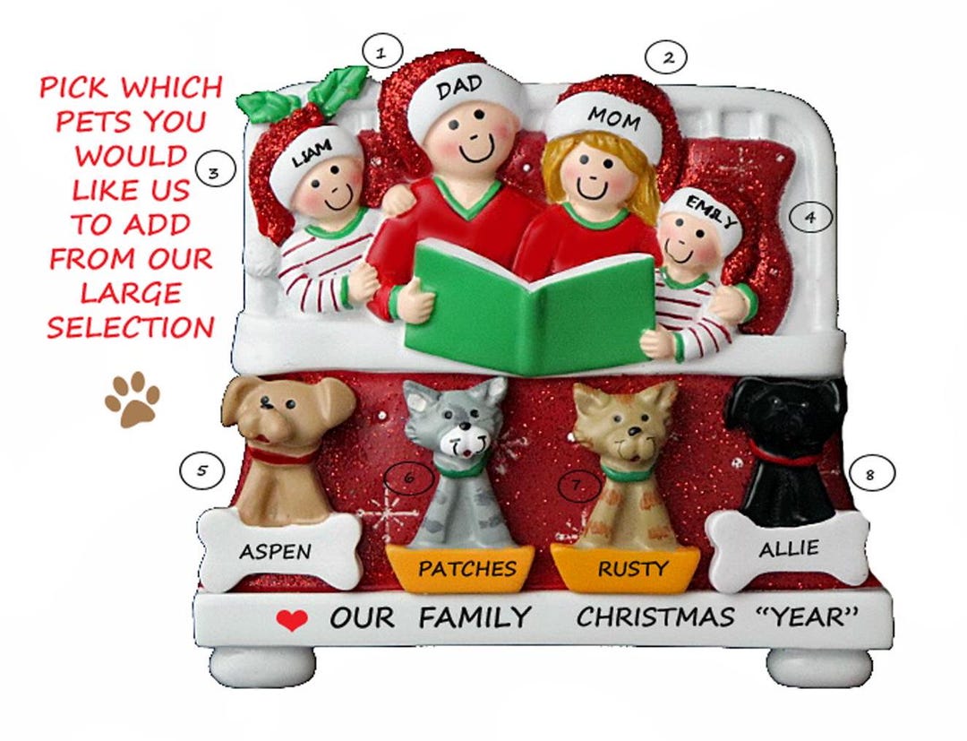 Personalized Family 4 Snuggled in Bed Reading A Book With 4 Dogs or ...