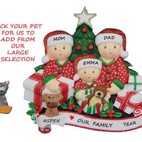 Family of Three Personalized Ornament Opening Presents with Dog, Cat  or Bunny Added - Couple with Custom Dog or Cat  Added Ornament