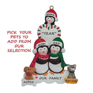 May include: Personalized penguin family Christmas ornament with the names "Emma", "Mom", "Dad" and the year. The ornament also features two pets, a dog named "Aspen" and a cat named "Patches".