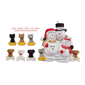 Personalized Expecting Family of 3 with 2 Dogs or Cats Christmas Ornament - Expecting Second Child Personalized Family Ornament