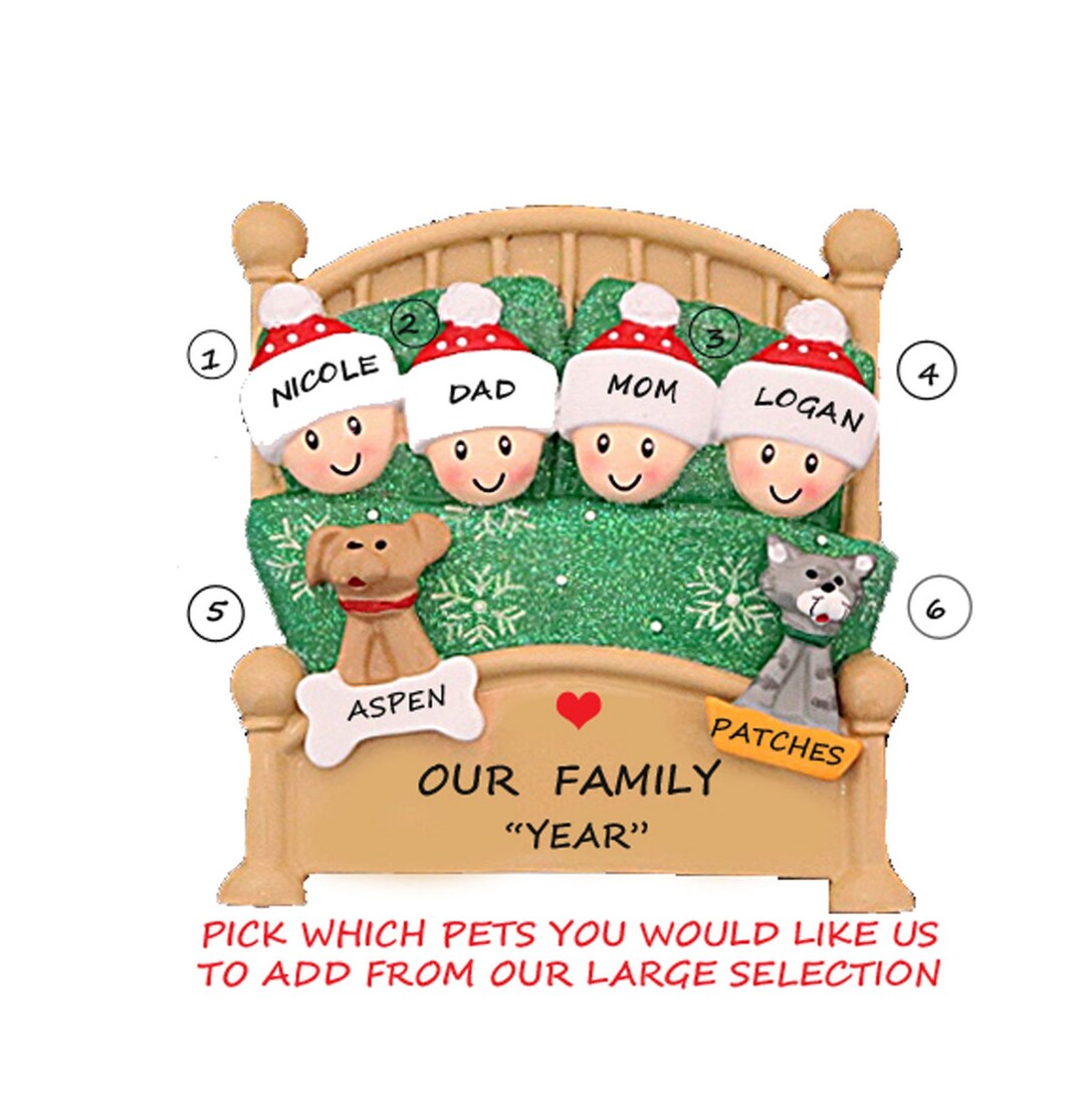 Personalized Family 4 Snuggled in Bed With 2 Dogs or Cats Added ...