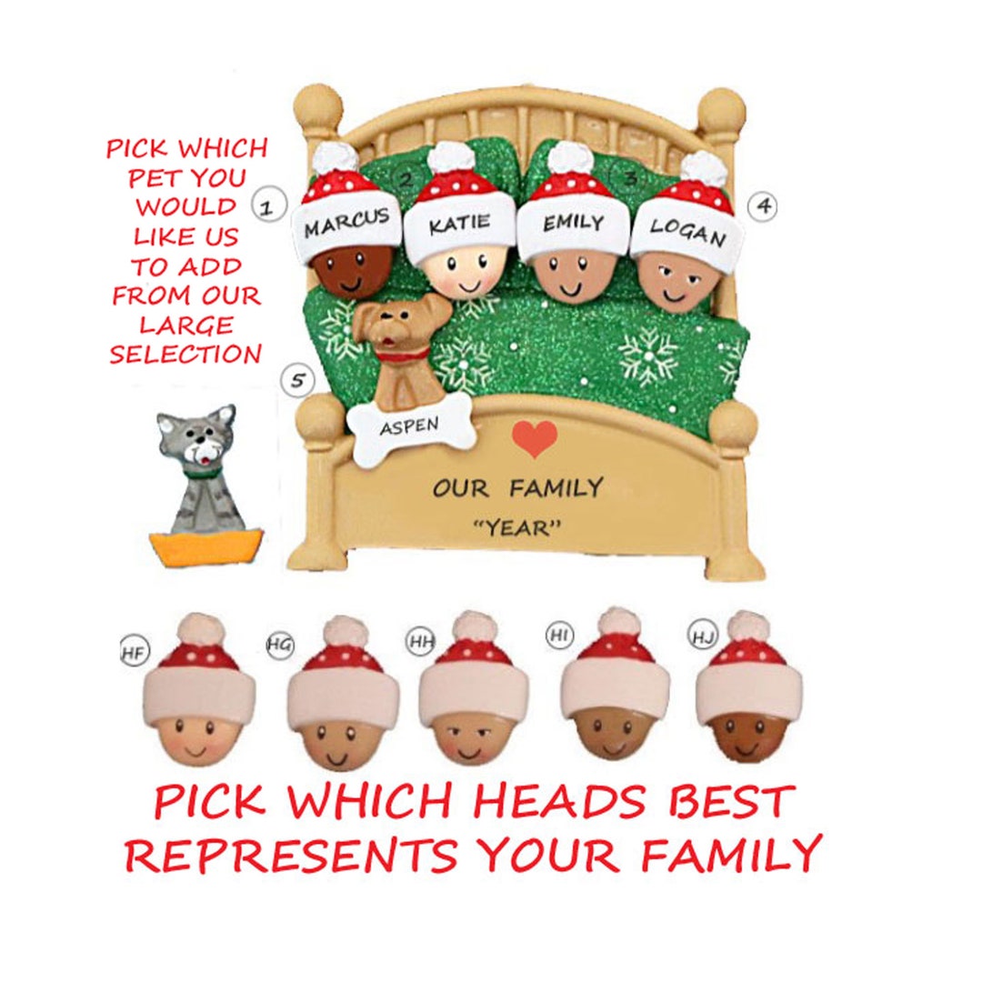 Personalized Family 4 Snuggled in Bed With Dog or Cat Christmas ...
