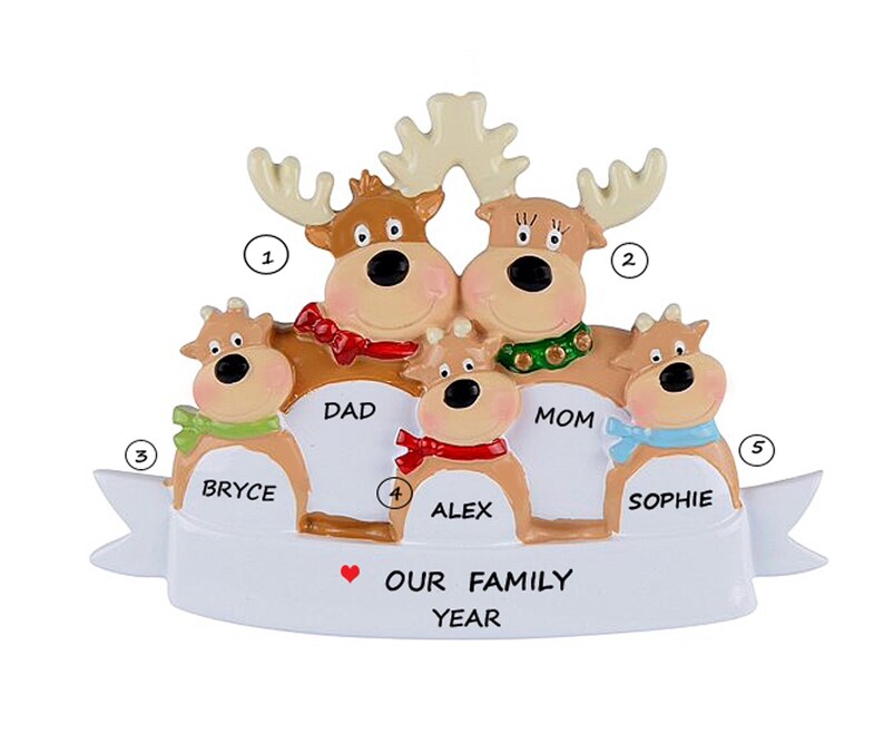 May include: A family Christmas ornament featuring five reindeer figures. The reindeer are brown with large noses and wearing festive scarves. The ornament has the text "OUR FAMILY YEAR" on a white banner.