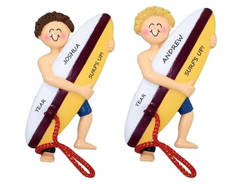 Surfer Male or Female Personalized Christmas Ornament - Personalized Surfing Ornament - Hand Personalized Ornament
