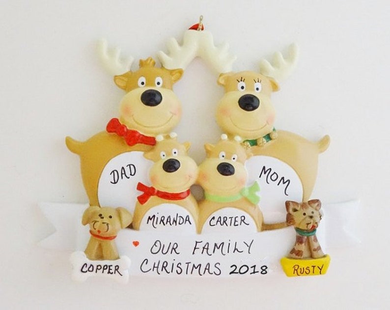 Personalized Family of 4 Reindeer Ornament with 2 Custom Dogs or Cats Added Family of 4 Christmas Ornament with 2 Custom Pets Added