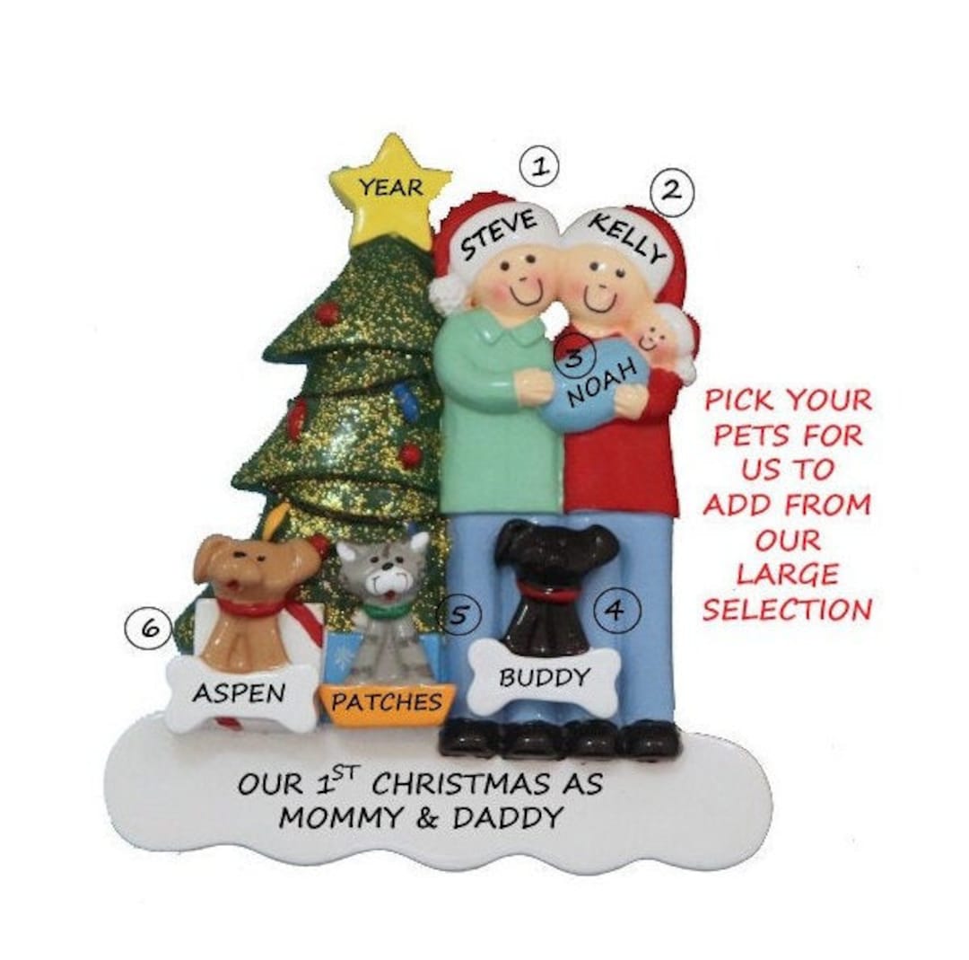 Couple With New Baby and 3 Dogs or Cats Personalized Ornament- Family ...