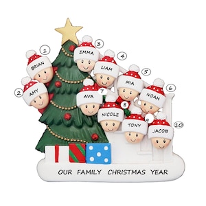 Personalized Ornament Family 10 Bannister With Christmas Tree - 10 People Celebrating Christmas Personalized Ornament Biracial Ethnic Family