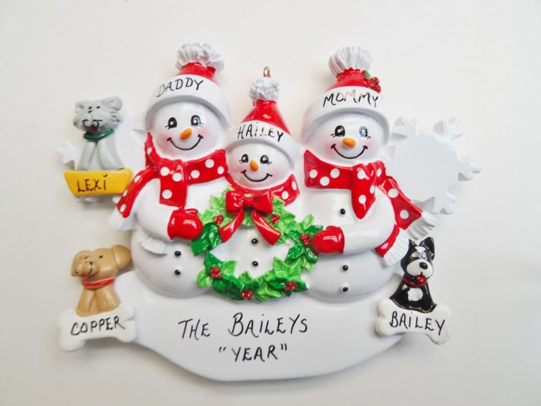 Personalized Family of 3 Ornament With Pets Added Dogs/cats ...
