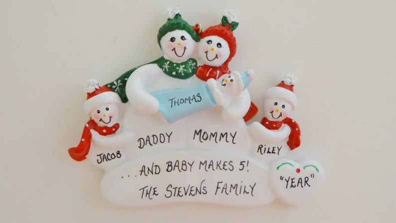 Personalized Snow Family of 5 Ornament - New Baby Makes Family of 5 ...