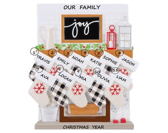 Modern Family of 11 Stocking Fireplace Personalized Ornament