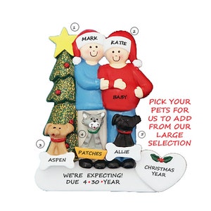 Expecting Couple with 3 Pets Ornament - Expecting Couple Ornament with Dogs - Expecting Couple Ornaments with Cats - Personalized For You