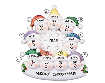 Personalized Snow Family of 9 Ornament - Personalized Grandparents Ornament with 7 Grandkids - Personalized Ornament for 7 Grandchildren