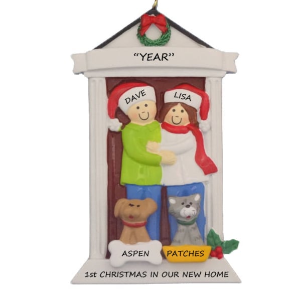 Personalized Couple Christmas Ornament with 2 Dogs or Cats - 1st Christmas In New Home Personalized Ornament with 2 Custom Pets Added