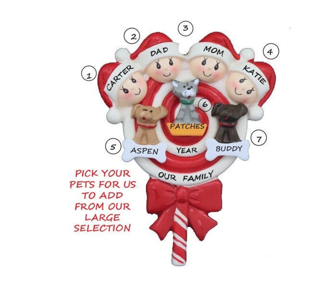 Family of 4 Lollipop Christmas Personalized Ornament With 3 Dogs or ...