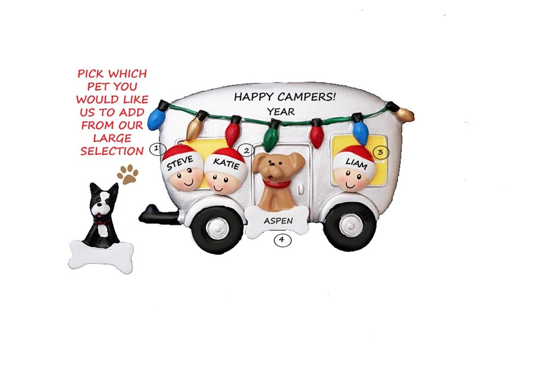 Personalized RV Camping Family of 3 Ornament With Dog Happy Campers 3