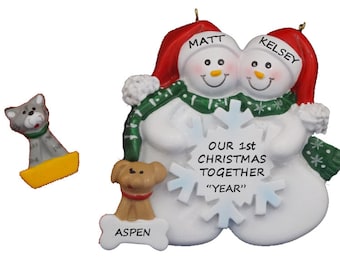 1st Christmas Together Snow Couple Snowflake Christmas Ornament with Custom Dog or Cat Added - Couple Snow Ornament with Dog or Cat Added