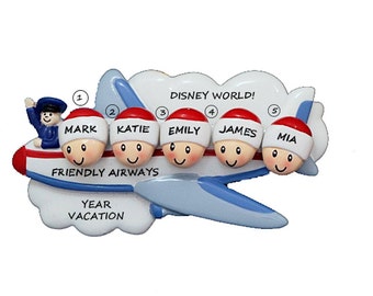 5 People or Family of 5 Airplane Trip Personalized Ornament - Christmas Ornament Traveling by Air Vacation