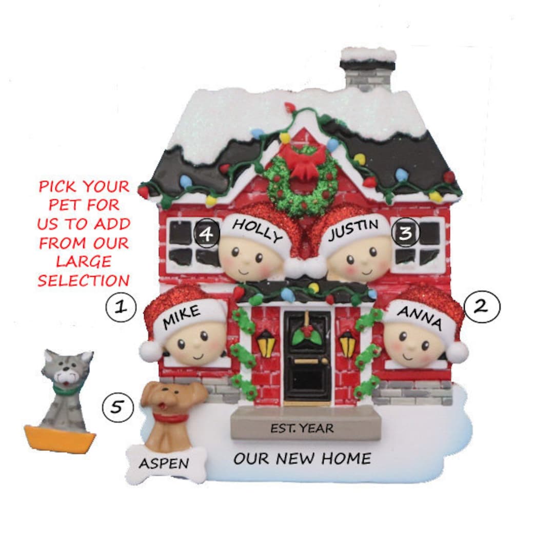 Personalized Family of 4 Home Ornament With Dog or Cat Added - 4 People ...