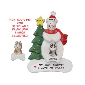 May include: Personalized snowman Christmas ornament with a white husky dog and the text "Emily", "Year", "Aspen", and "My best friend! I love my husky".