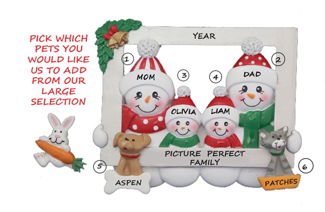Personalized Snow Family of 4 Looking Through Frame With 2 Pets ...