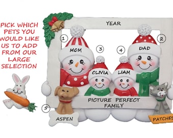 Personalized Snow Family of 4 Looking Through Frame with 2 Pets Christmas Ornament - Snow Family 4 with 2 Dogs, Cats or Bunny Add ons
