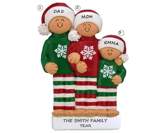 Family of 3 Celebrating Christmas in Holiday Pajamas Personalized Ornament - Family of Three Celebrating Christmas