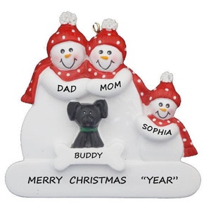 Family of 3 Personalized Christmas Ornament With Black Dog-Personalized Family of 3 with Tan, Black or White Dog - Personalized Free for You